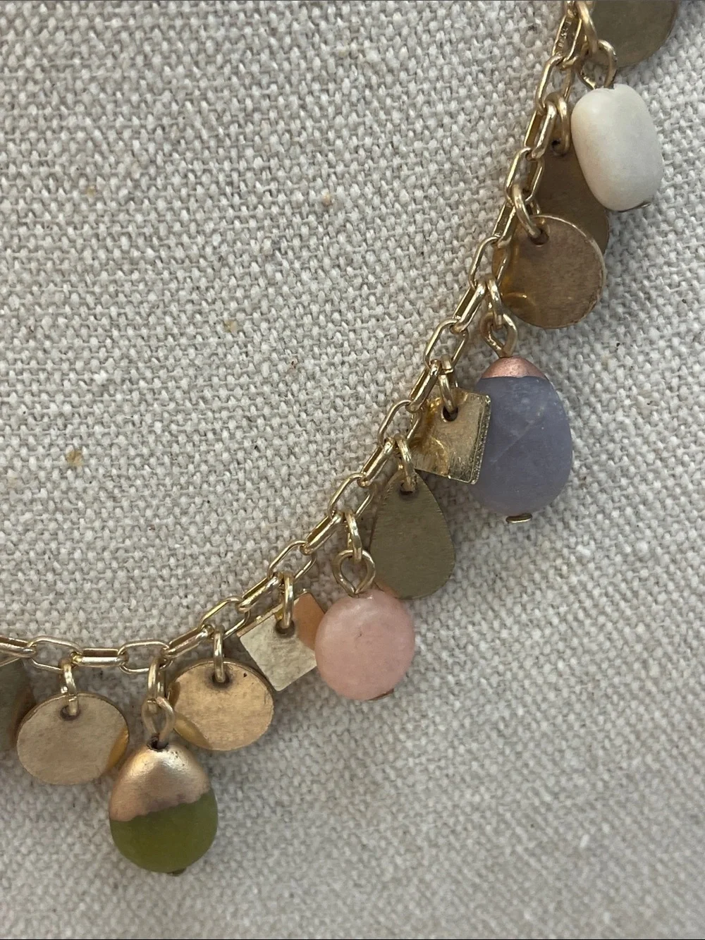 Universal Thread necklace honey topaz, lilac, green agate, and peach moonstone